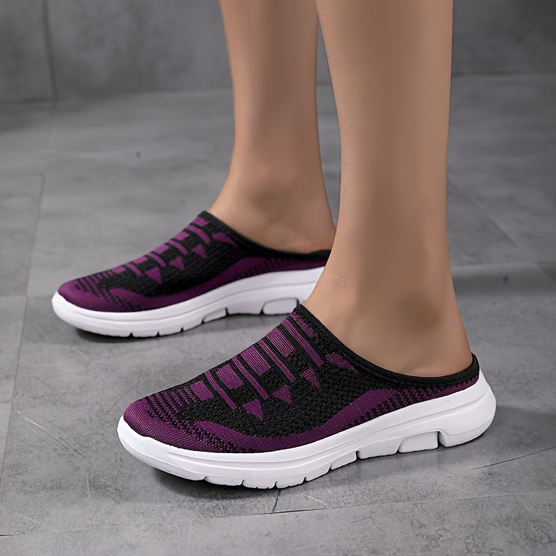 Women's Breathable Slip-On Sneakers Geometric Pattern Purple Black Casual Shoes Round Toe Spring Summer