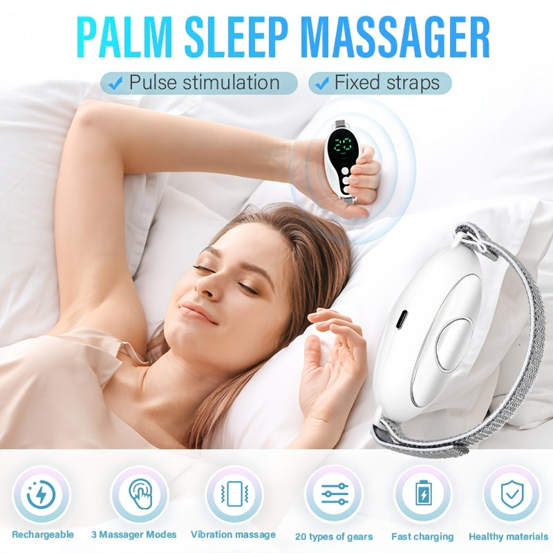 20 ta sozlanadigan rejimga ega mini palma uyqu massajchisi, USB Type-C orqali zaryadlanadigan, 36V ostida ishlaydigan, 150mAh litiy polimer batareyaga ega qo'l bilan ishlatiladigan vibratsiya qurilmasi.