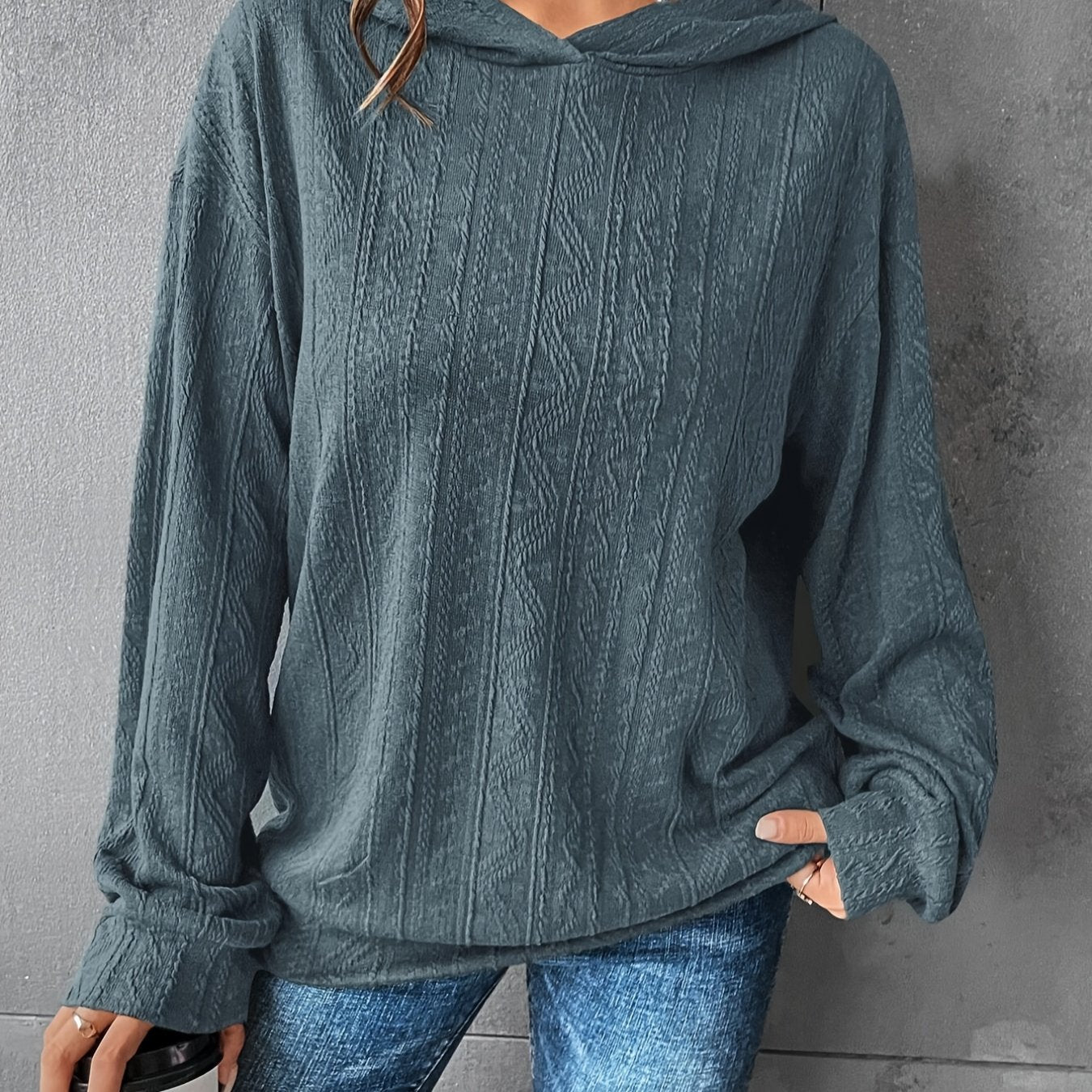 Plus Size Women's Solid Textured Long Sleeve Hoodie Sweatshirt