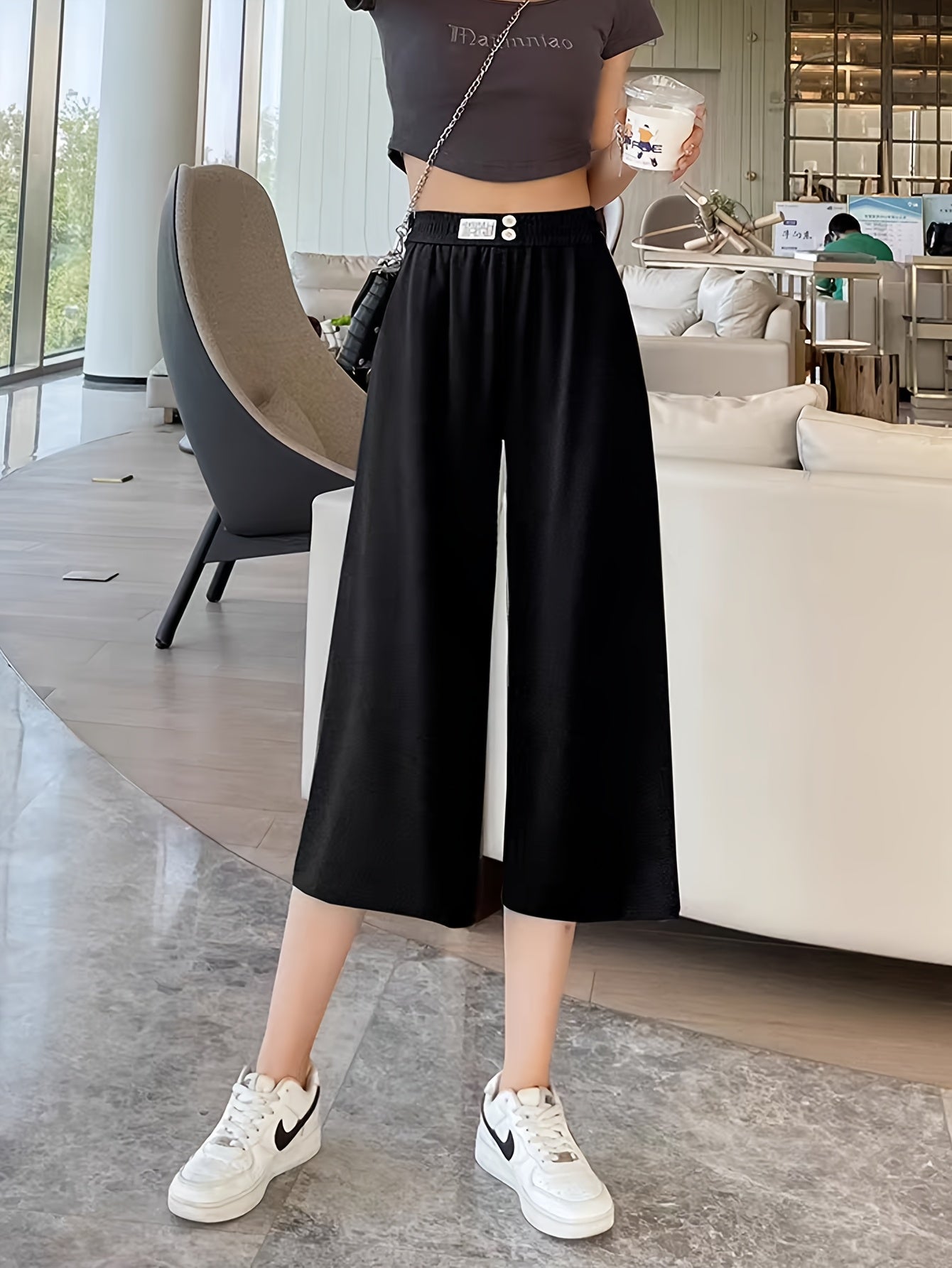 Women's Stretchy Wide-Leg Capri Pants Lightweight Ice Silky Fabric Black