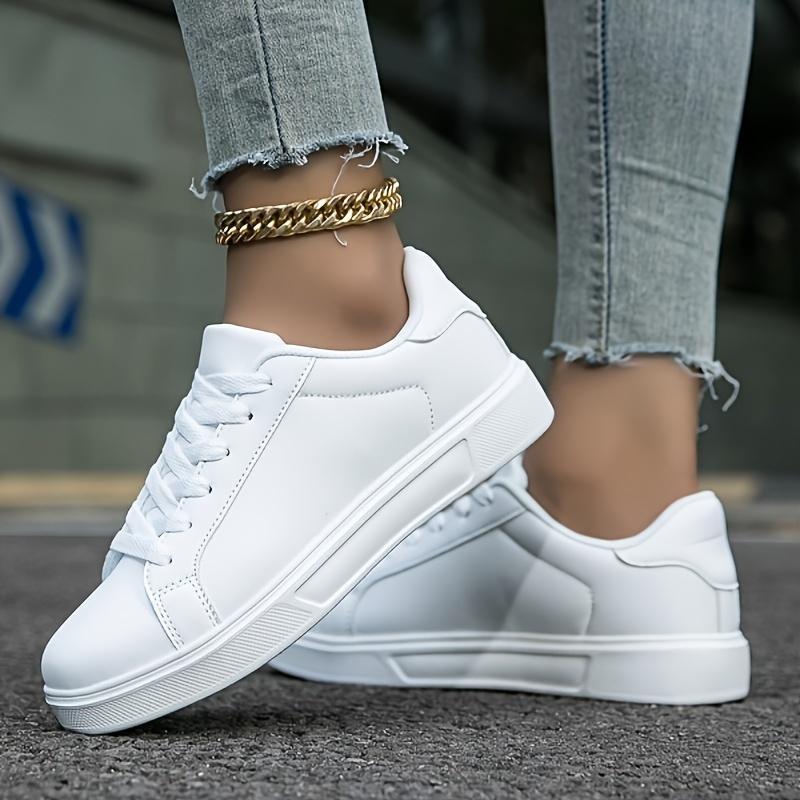 Women's White Lace-Up Sneakers Lightweight Casual All-Season Sports Shoes