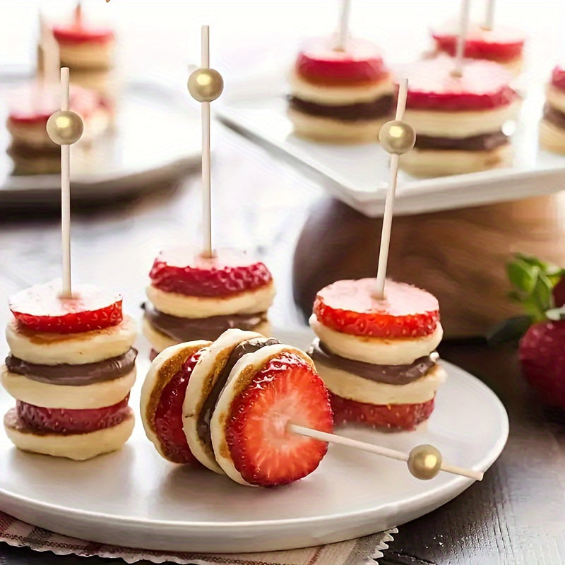 Bamboo Cocktail Picks with Golden Pearls for Fruit Cake Snacks and Appetizers