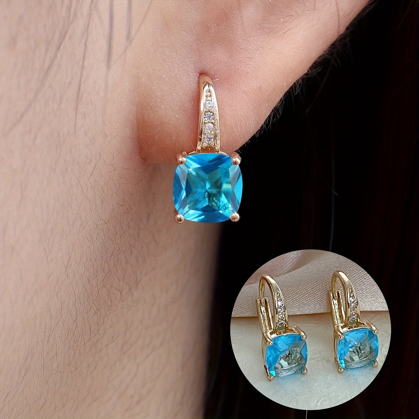 Ayollar uchun kvadrat shaklidagi kubik zirkoniy stud uzuklar, 18K oltin bilan qoplangan mis, moda zargarlik buyumlari
