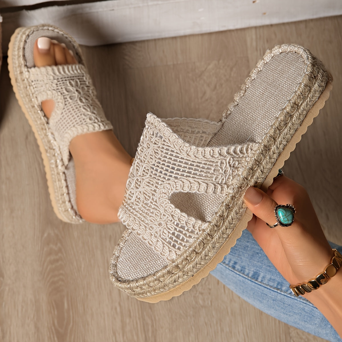 Women Bohemian Espadrille Slide Sandals Beige Fabric Open Toe Slip-On