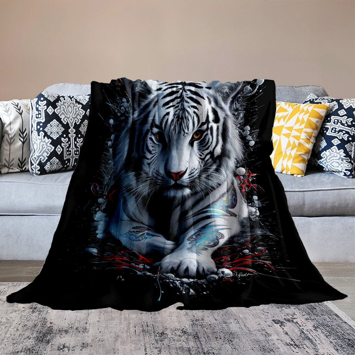 White Tiger Design Blanket for Bed Towel Nap Leisure Lightweight Soft
