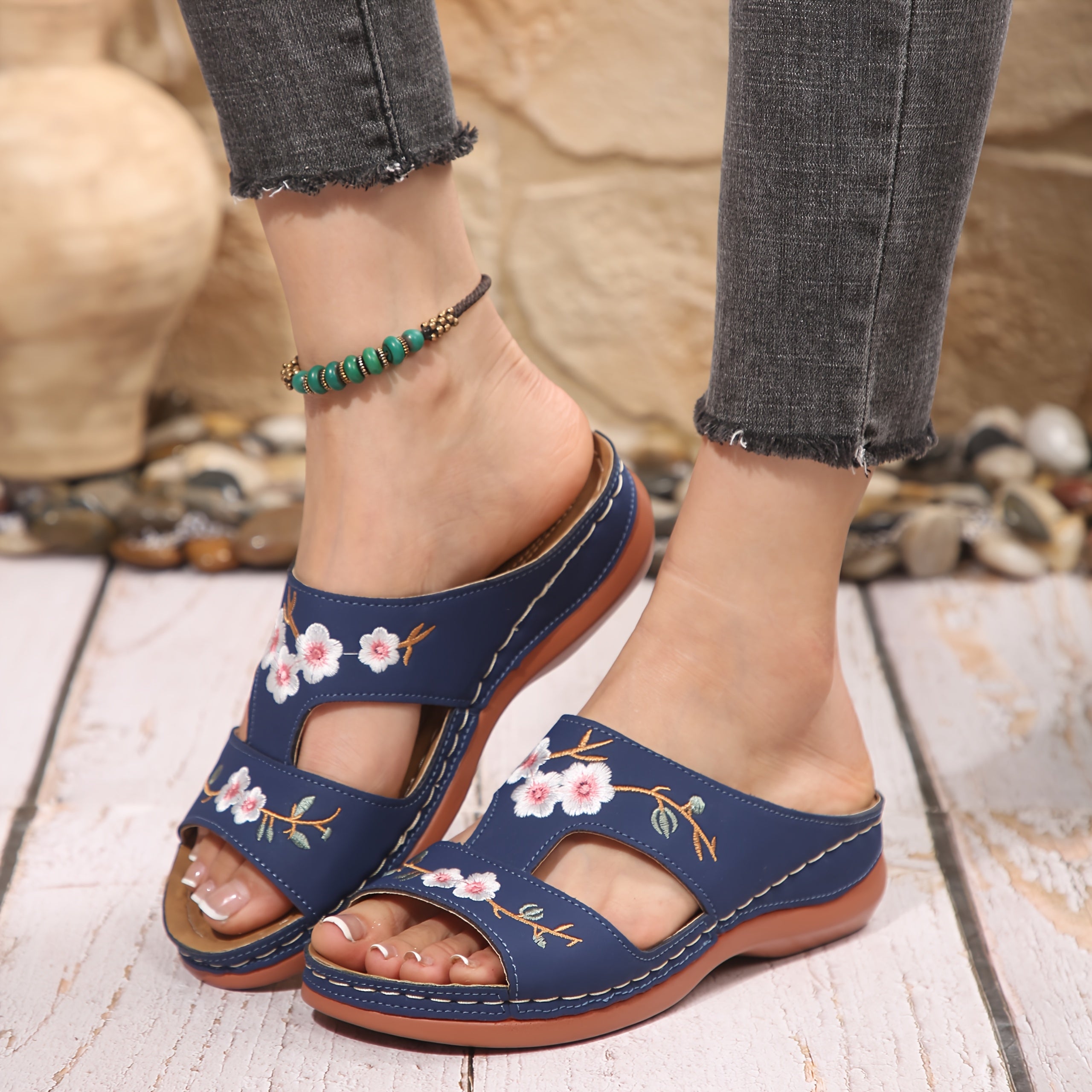 Women's Floral Wedge Sandals Faux Cover Open Toe Slip-On Summer Shoes