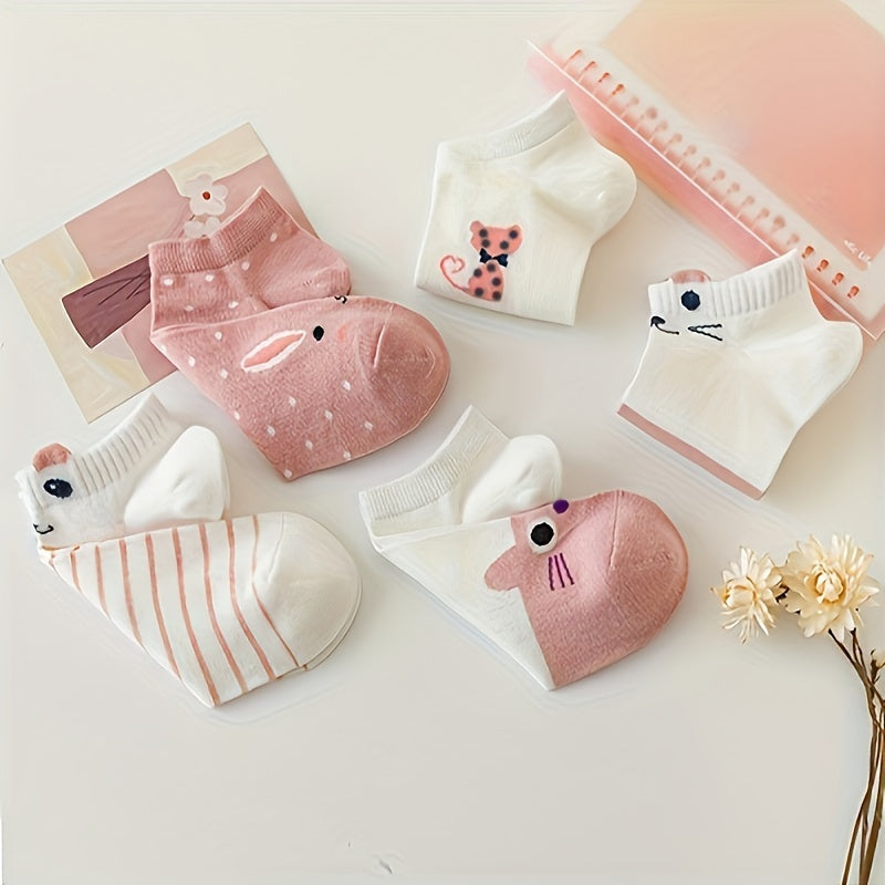 Women's Ankle Socks 5 Pairs Cartoon Cat Print Breathable Polyester Spandex Knit