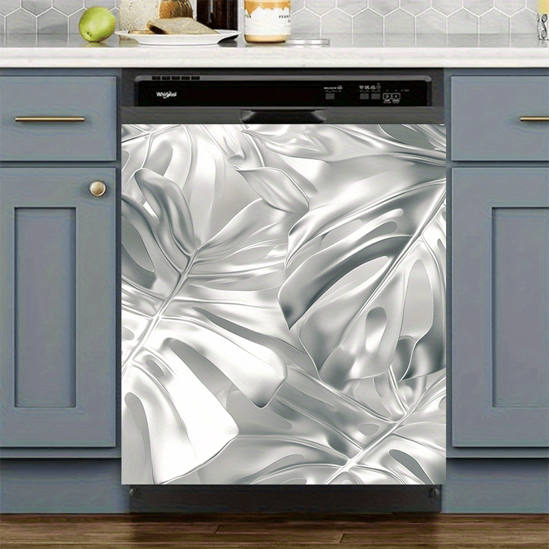 Metallic Silver Leaf Dishwasher Cover Magnet Waterproof Oilproof Kitchen Decor 58.5x65 cm