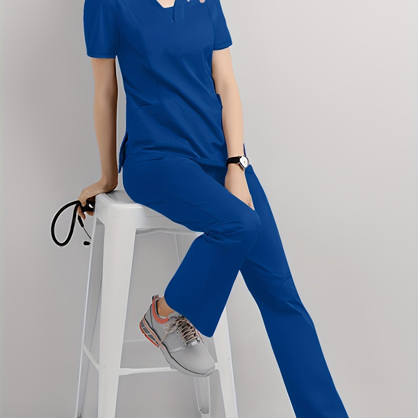Women's Scrub Set V-Neck Top and Drawstring Pants Breathable Polyester Spandex Medical Uniform