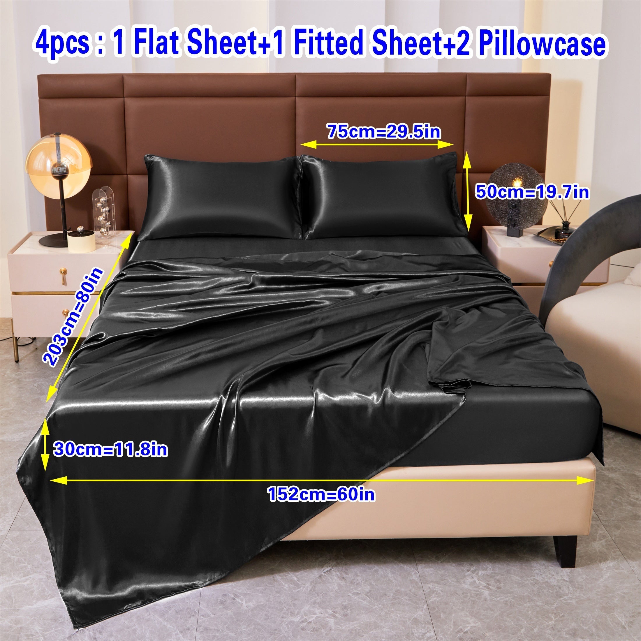 Set of Four Colored Bed Skirt, Sheet, and Pillowcase Bedding Set