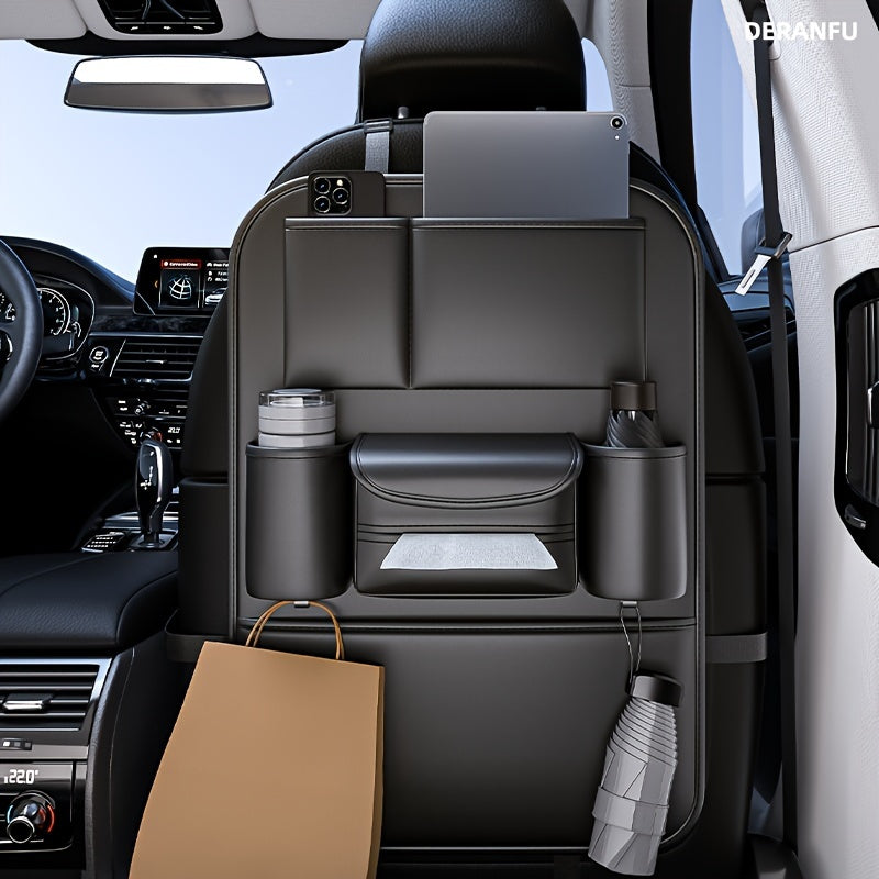Organizador trasero para asiento de coche, bolsa de almacenamiento de cuero con soporte para tableta y portavasos