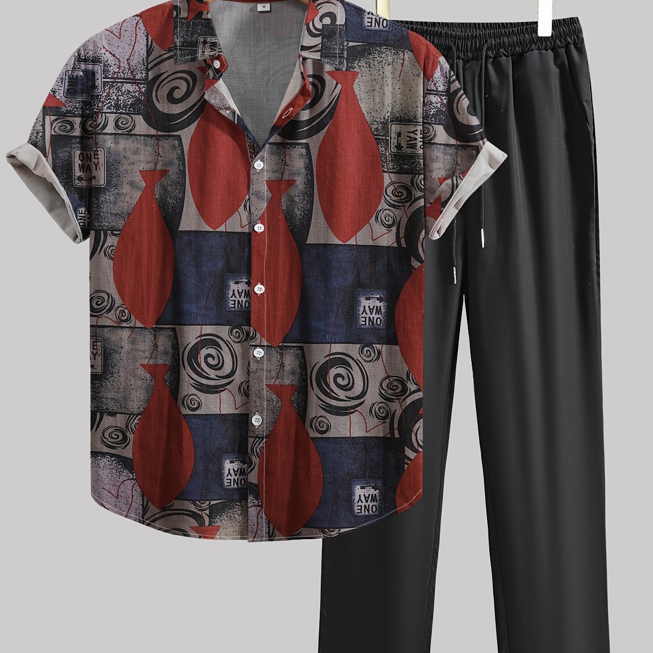 Men's Casual Geometric Print Shirt and Pants Set Lightweight Polyester Summer Non-Stretch