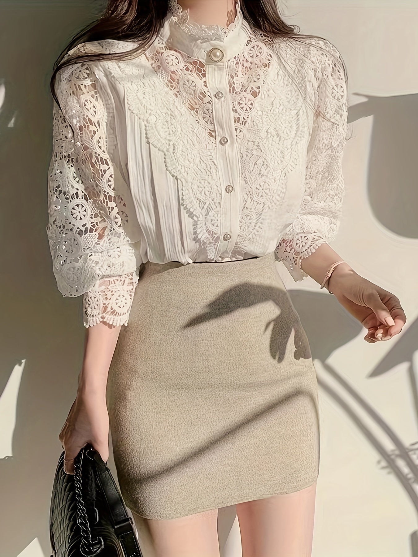 Women's Cotton Long Sleeve Shirt with Hollow Flower Panel and Stand Collar