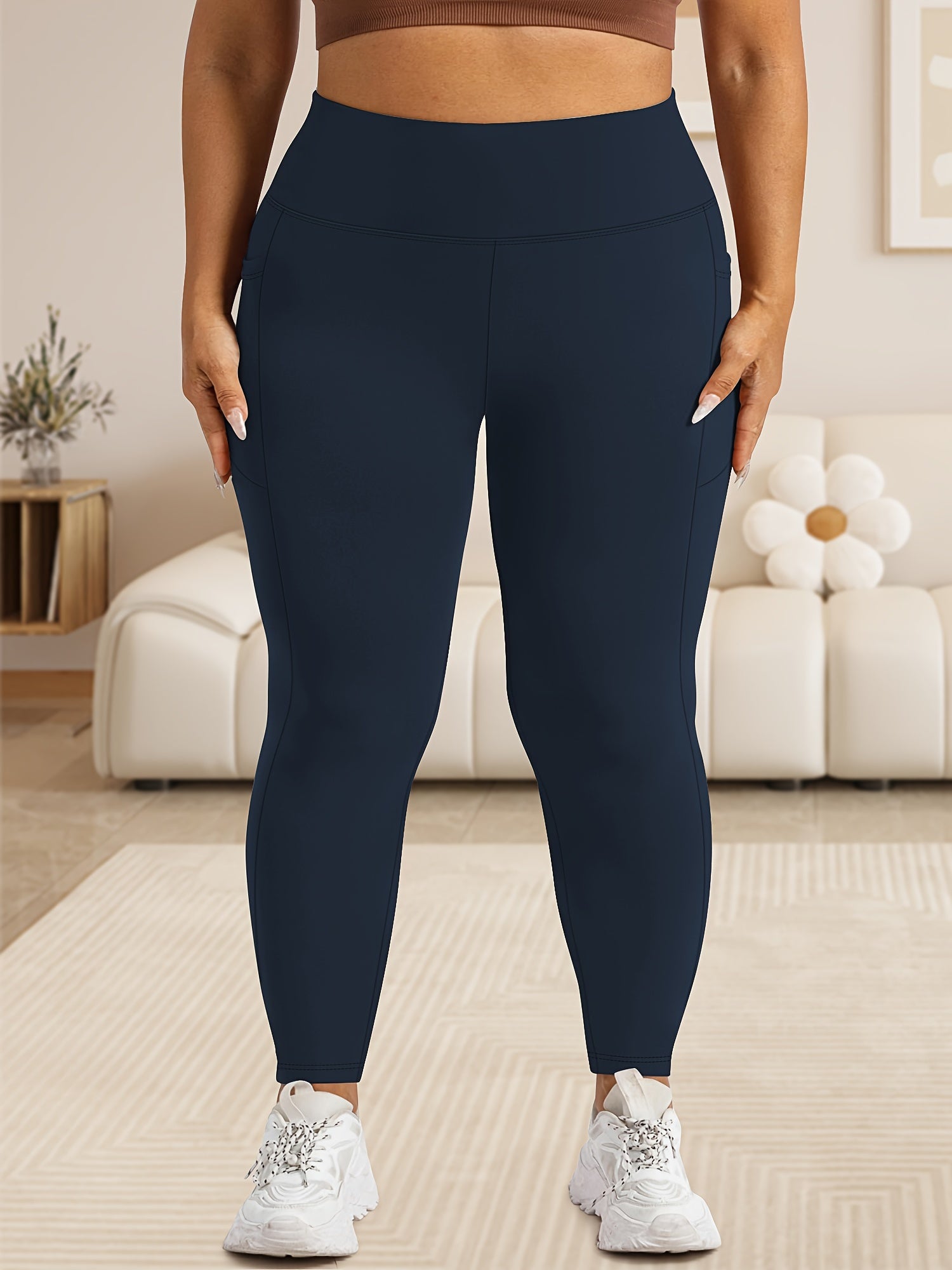 Plus Size Women's High-Waist Leggings with Tummy Control and Moon Pocket