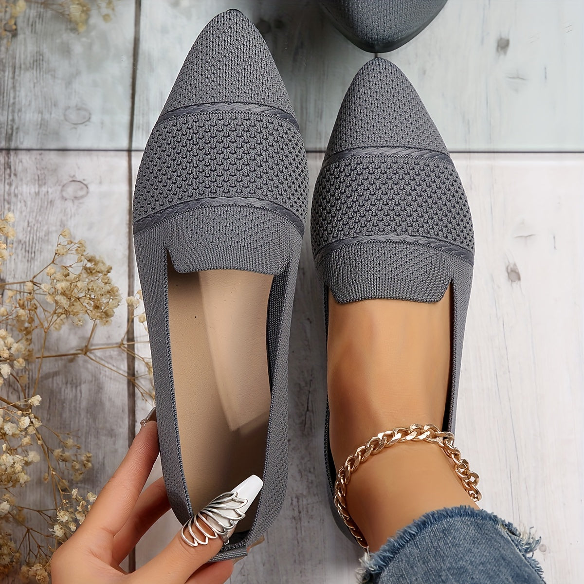 Women's Knit Flat Shoes Breathable Slip-On Comfortable Toe Shoes