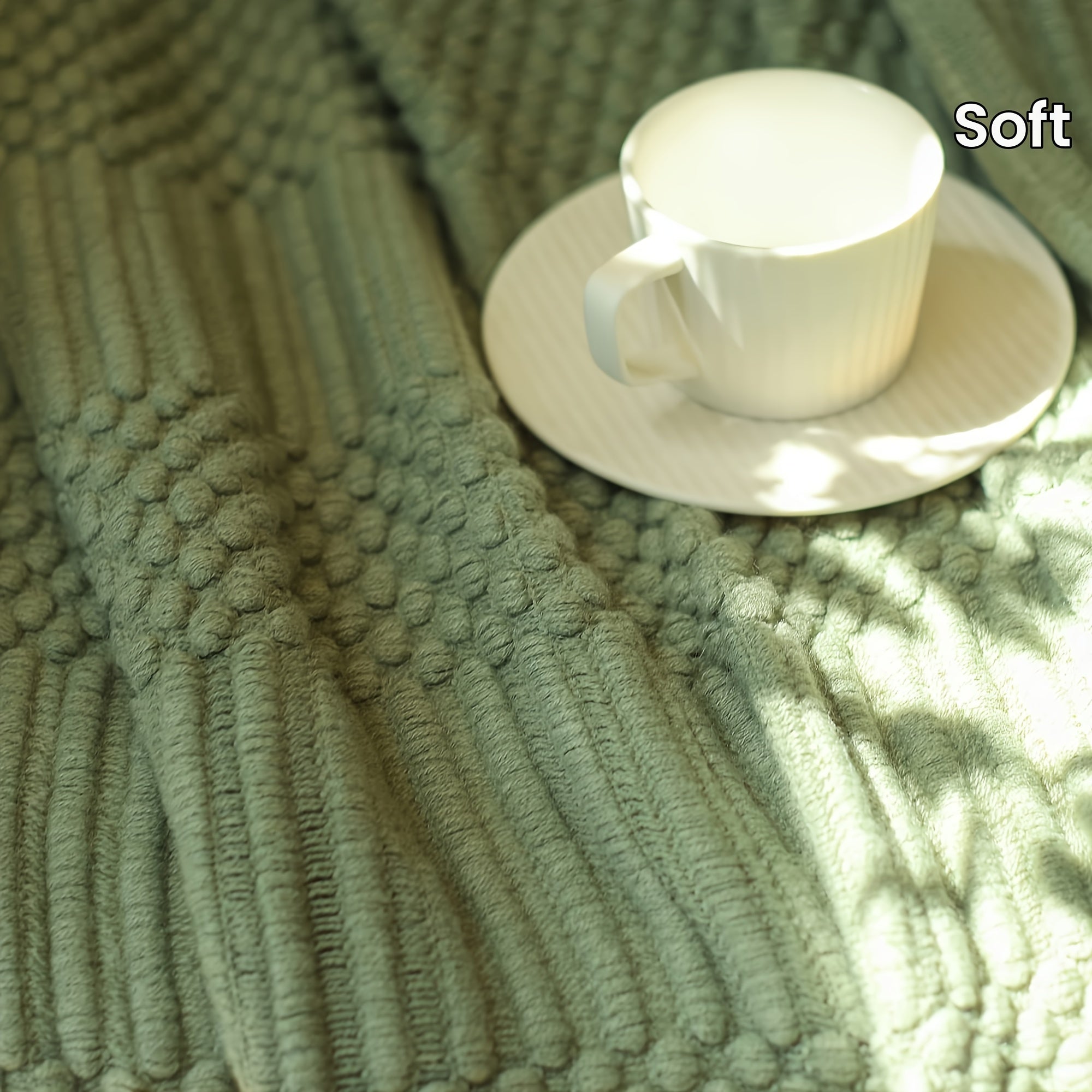 Soft Textured Throw Blanket Stain-Resistant Versatile Couch Bed Travel Green Tan 127x152cm