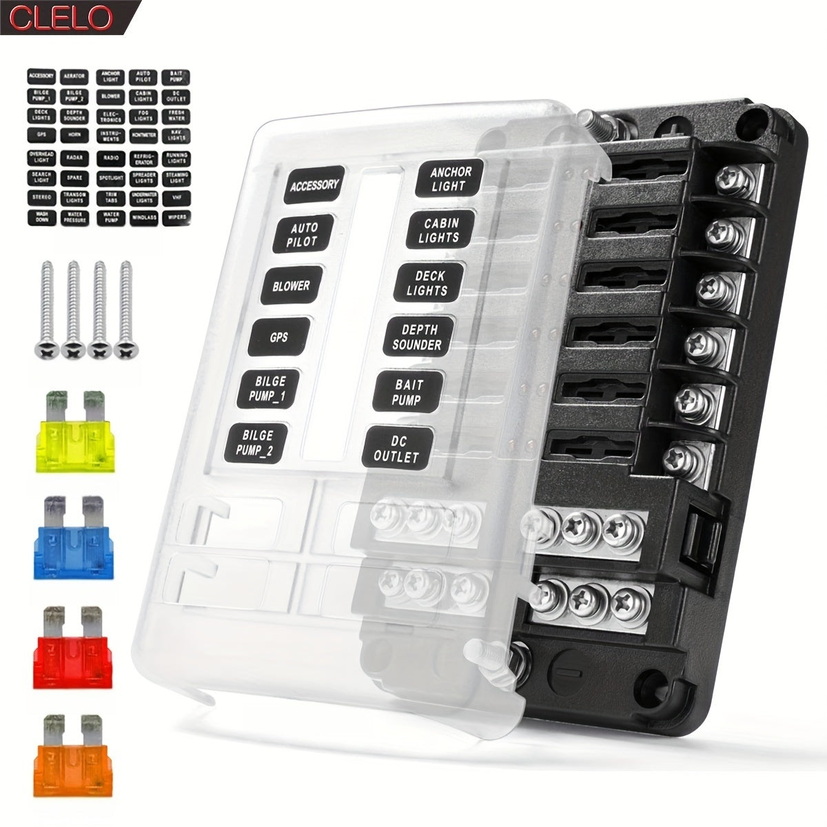 Marine Fuse Box Panel 6/12-Way Power Distribution Waterproof Marine Electrical