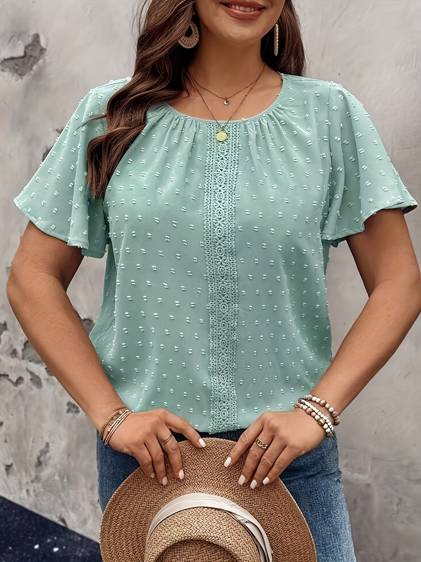 Plus Size Women's Cotton T-Shirt with Ruffled Hem and Eyelet Embroidery