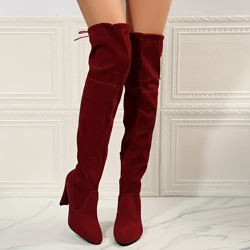 Women's Black Velvet Over-the-Knee Boots with Stiletto Heel