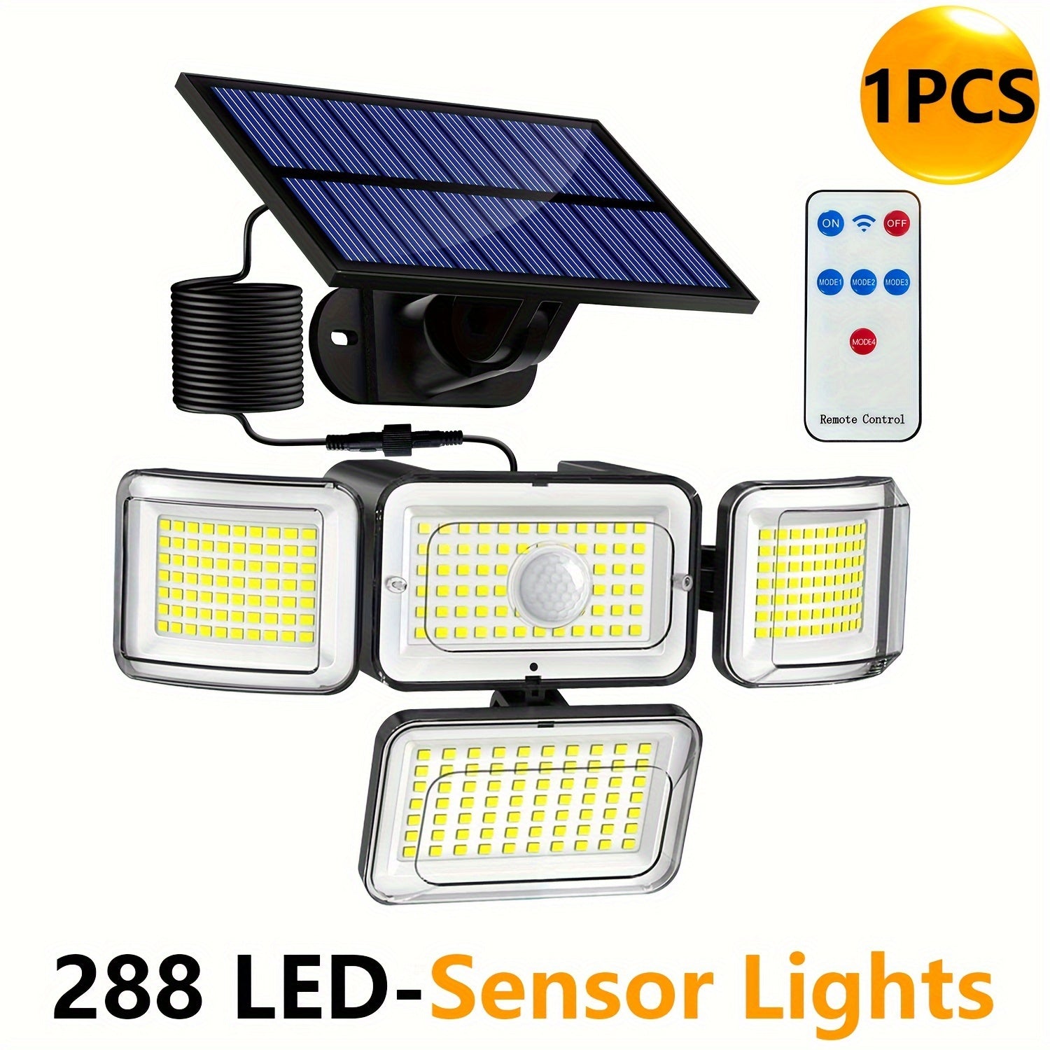 Solar-Powered Motion Sensor Light with Remote Control 288 LED 4-Head Security Floodlight 300° Wide Angle for Garden Yard Pathway Garage Street