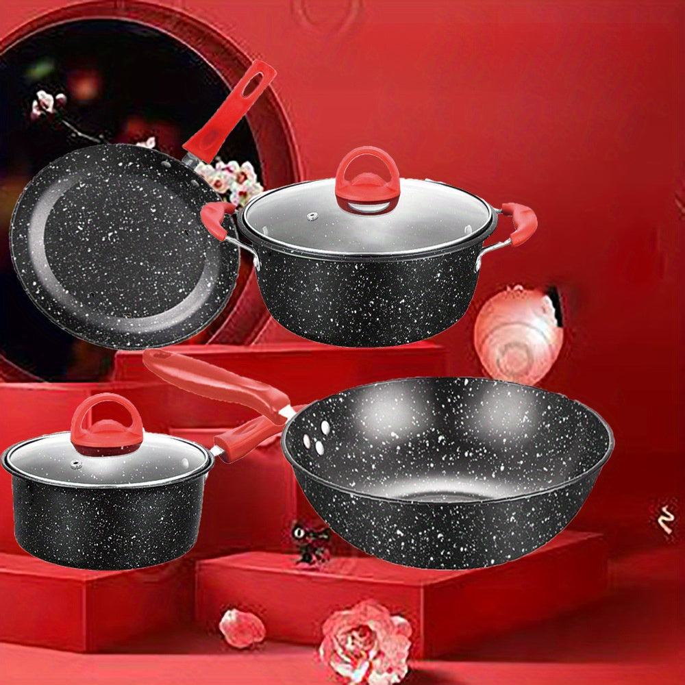 4 ta qozon to'plami - Shisha qopqoq bilan, mustahkam va chizishdan himoyalangan, ochiq havoda mehmon kutish va maxsus tadbirlar uchun ideal, elektr energiyasi talab qilinmaydi.