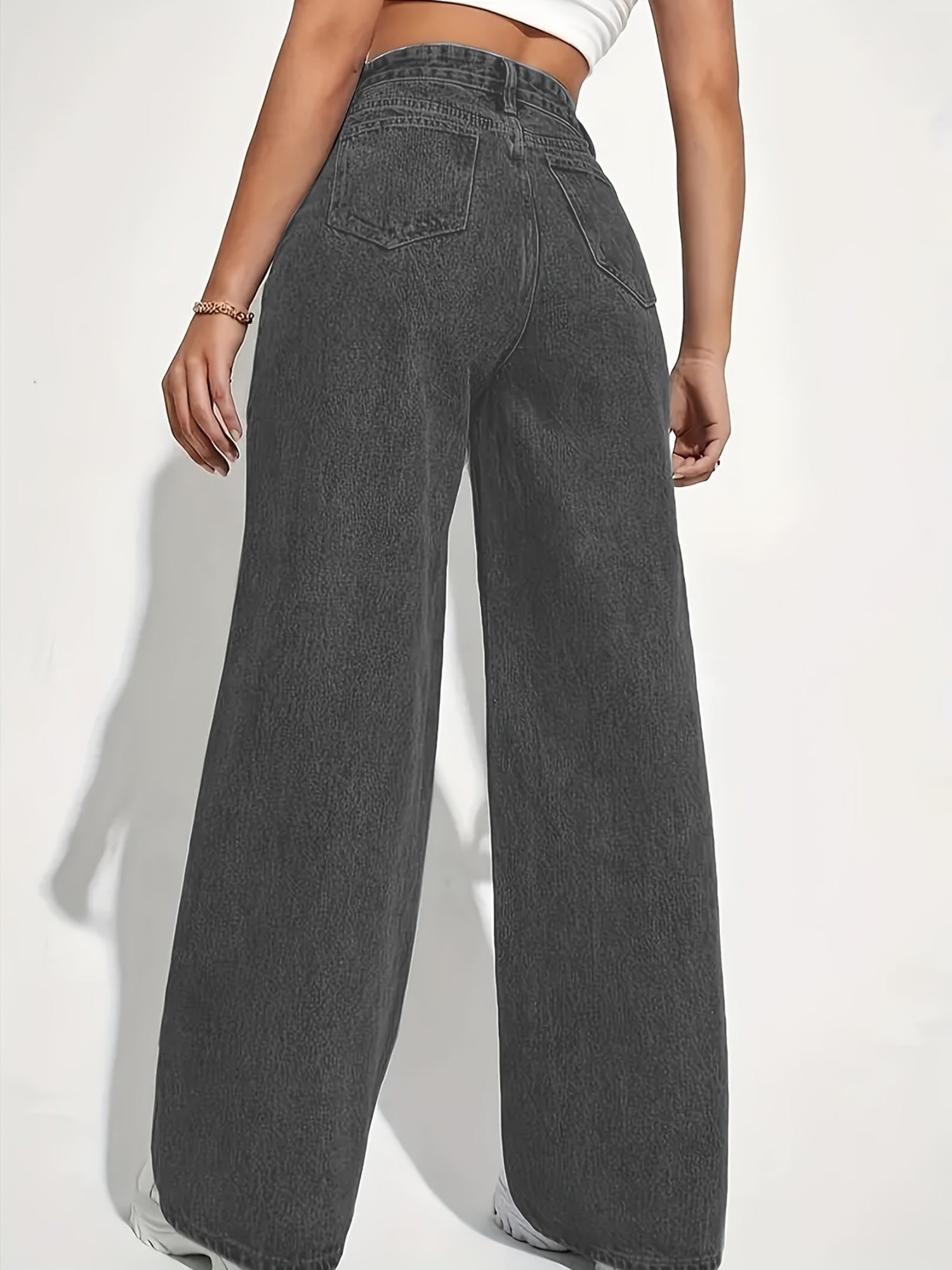 Jeans de mujer de tiro alto y pierna ancha con gran elasticidad, casual, lavado sólido, para primavera, verano y otoño