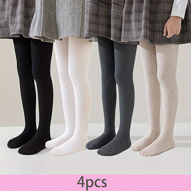 Set of 4 Girls' Vertical Striped Knit Leggings with Feet All-Season Children