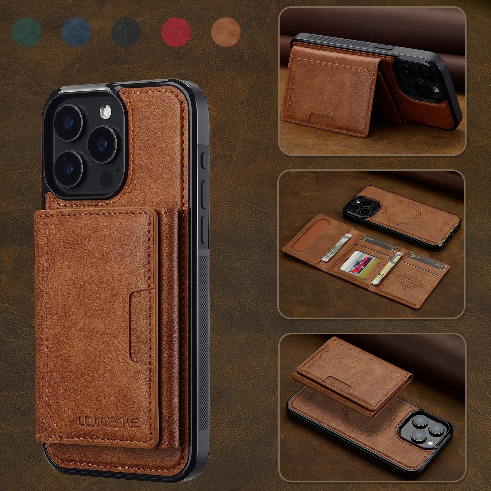 Detachable Faux Leather Phone Case for iPhone 11-16 with Card Slots and Magnetic Wireless Charging