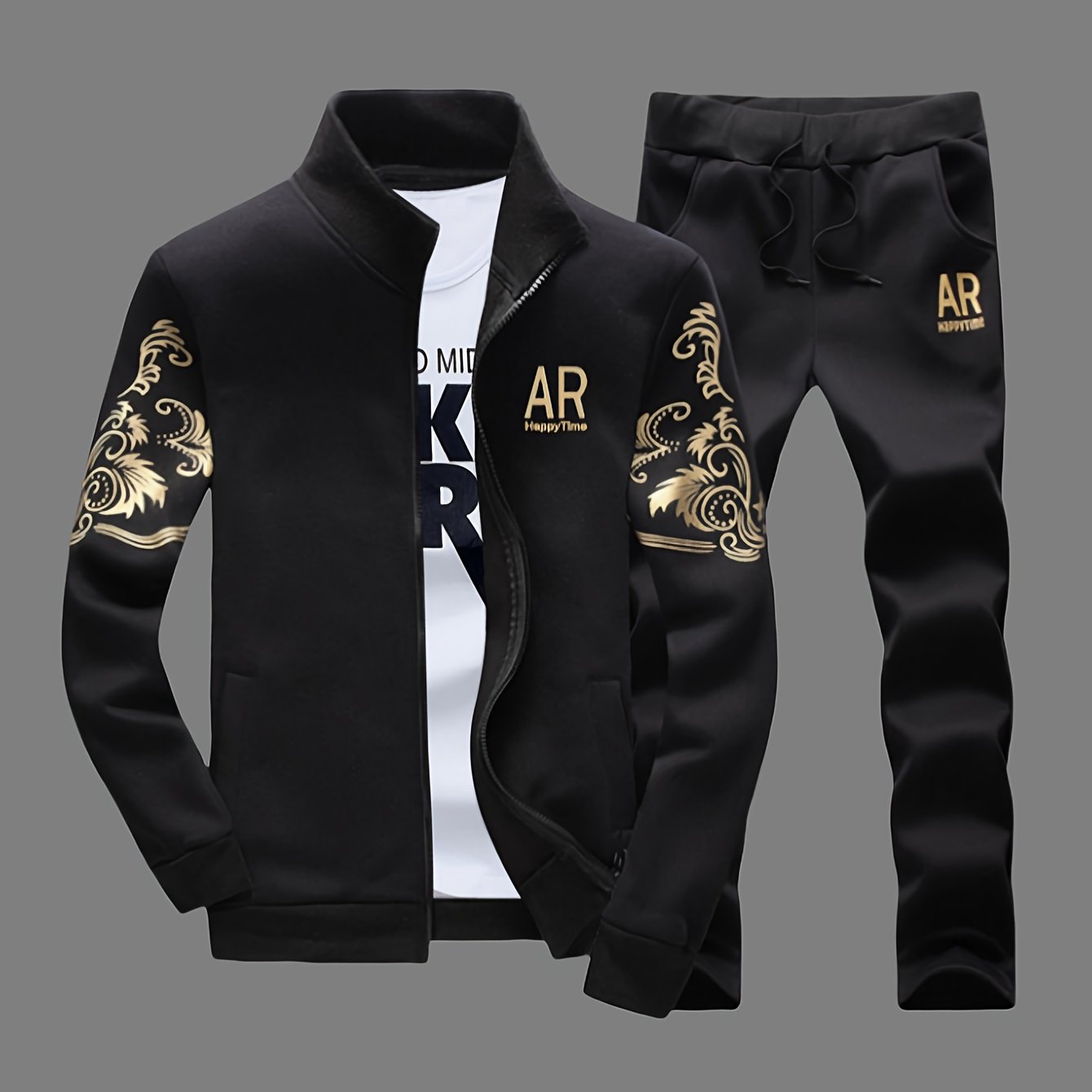 Men's Athletic Set with Stand Collar Zip-Up Jacket and Elastic Waist Joggers in Black and Gold Floral Pattern