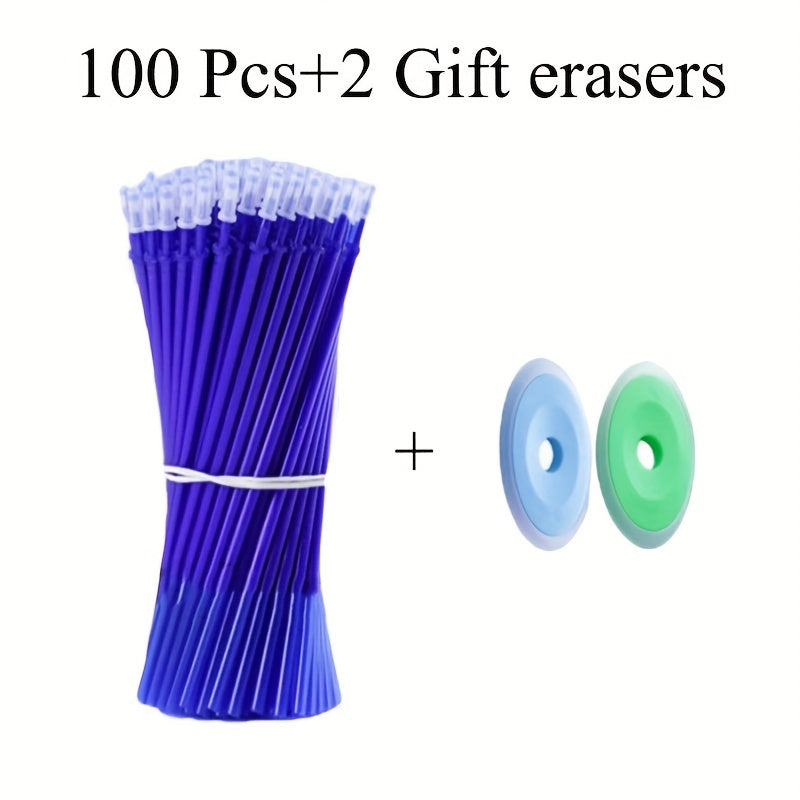 100 Erasable Pen Refills 0.5mm with 2 Erasers for Easy Erasing