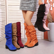 Женские кожаные сапоги до середины икры с платформой и каблуком-скользящим, всесезонные