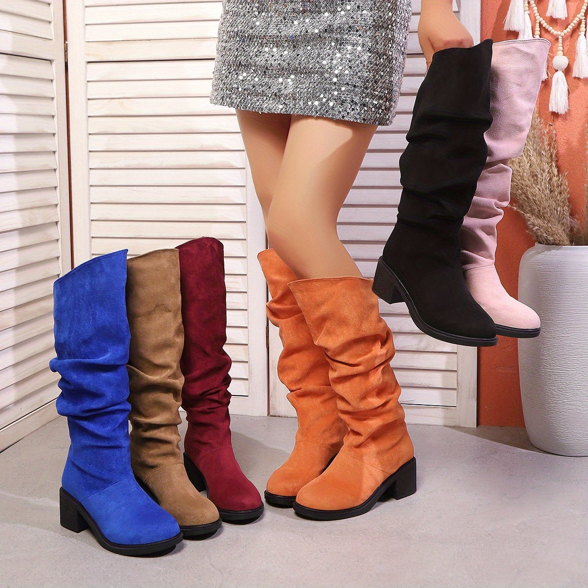 Женские кожаные сапоги до середины икры с платформой и каблуком-скользящим, всесезонные