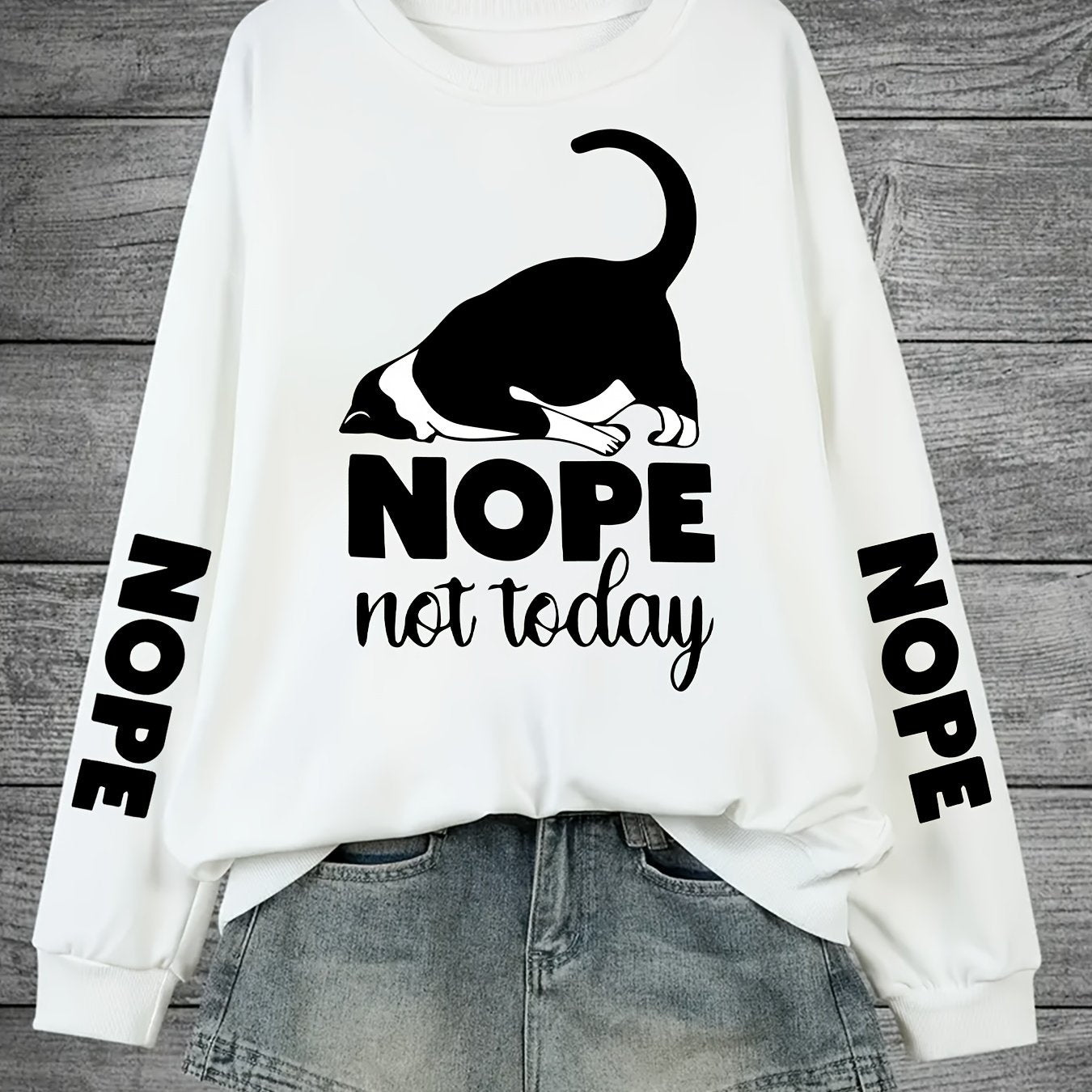 Plus Size Women's Cat Letter Print Sweatshirt Casual Long Sleeve Crew Neck