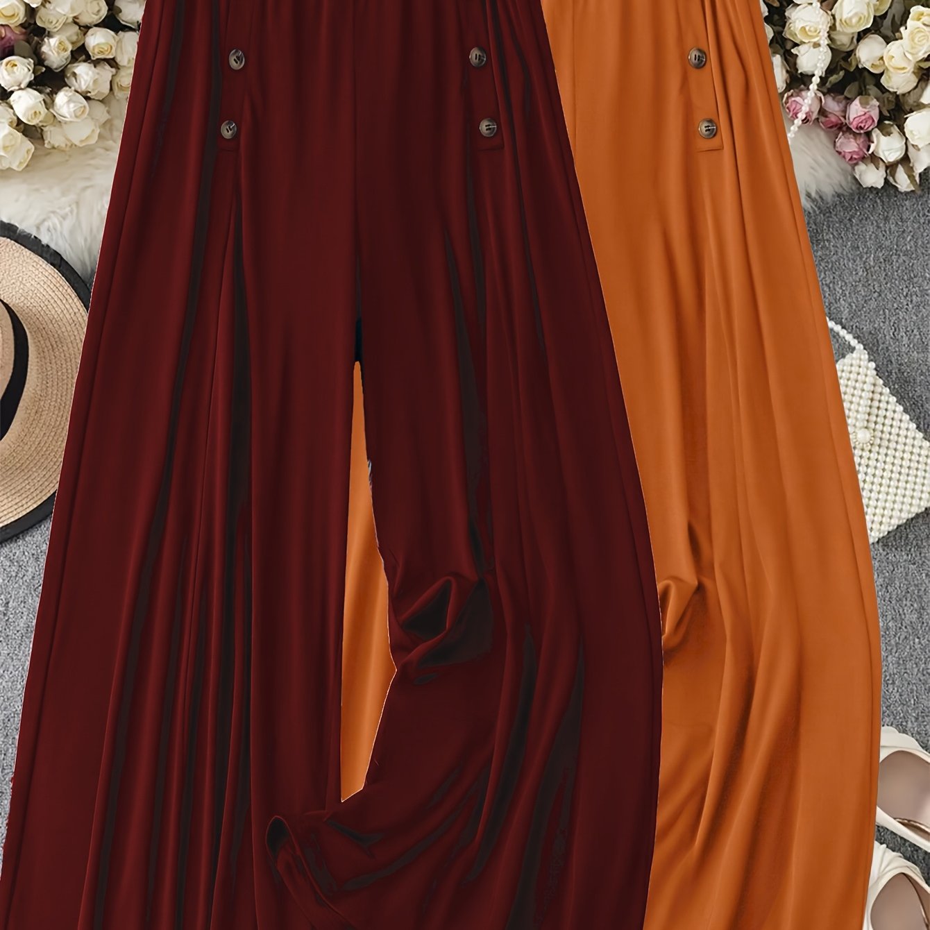 Women's Plus Size Wide-Leg Pants Elastic Waist Casual Trousers Burgundy Yellow