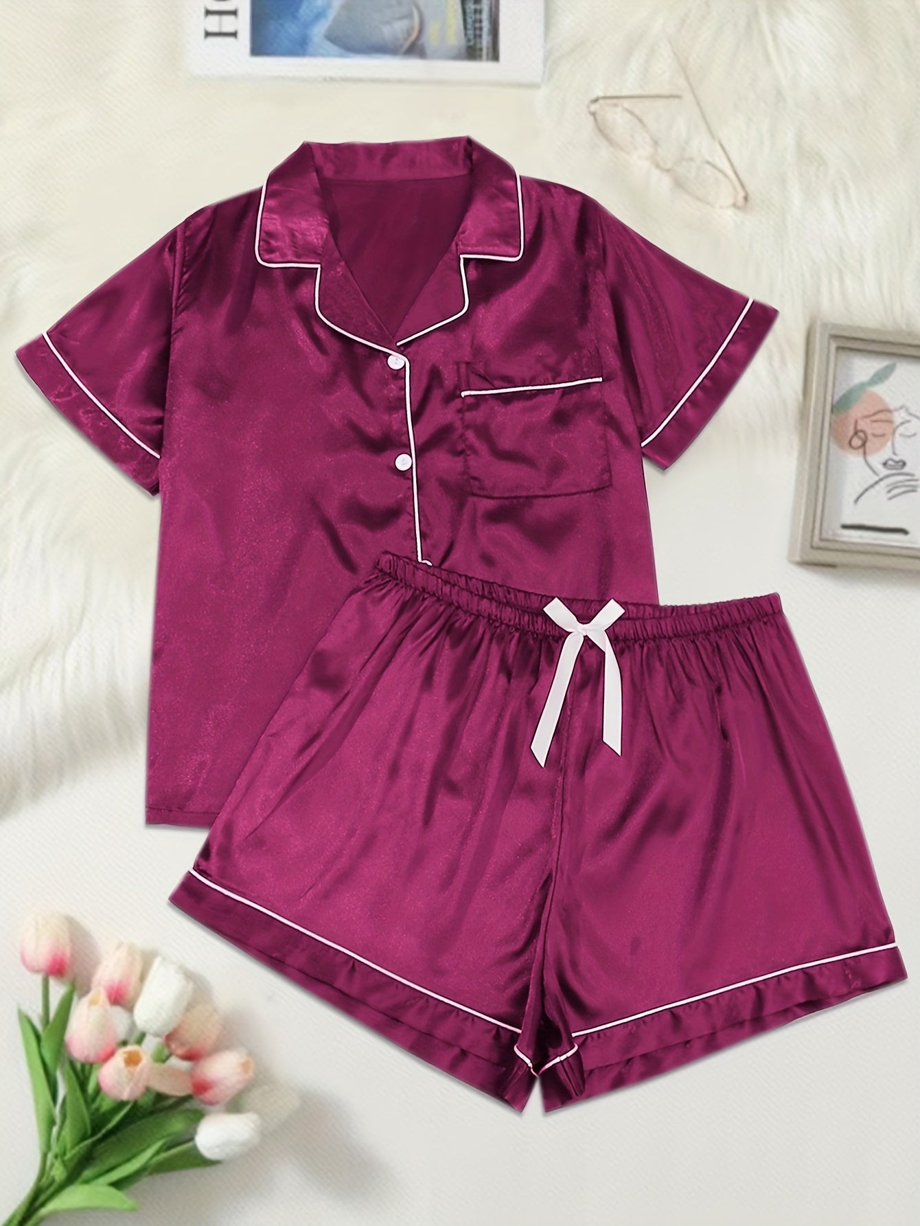 Plus Size Satin Pajama Set Women Short Sleeve Button Lounge Two Piece