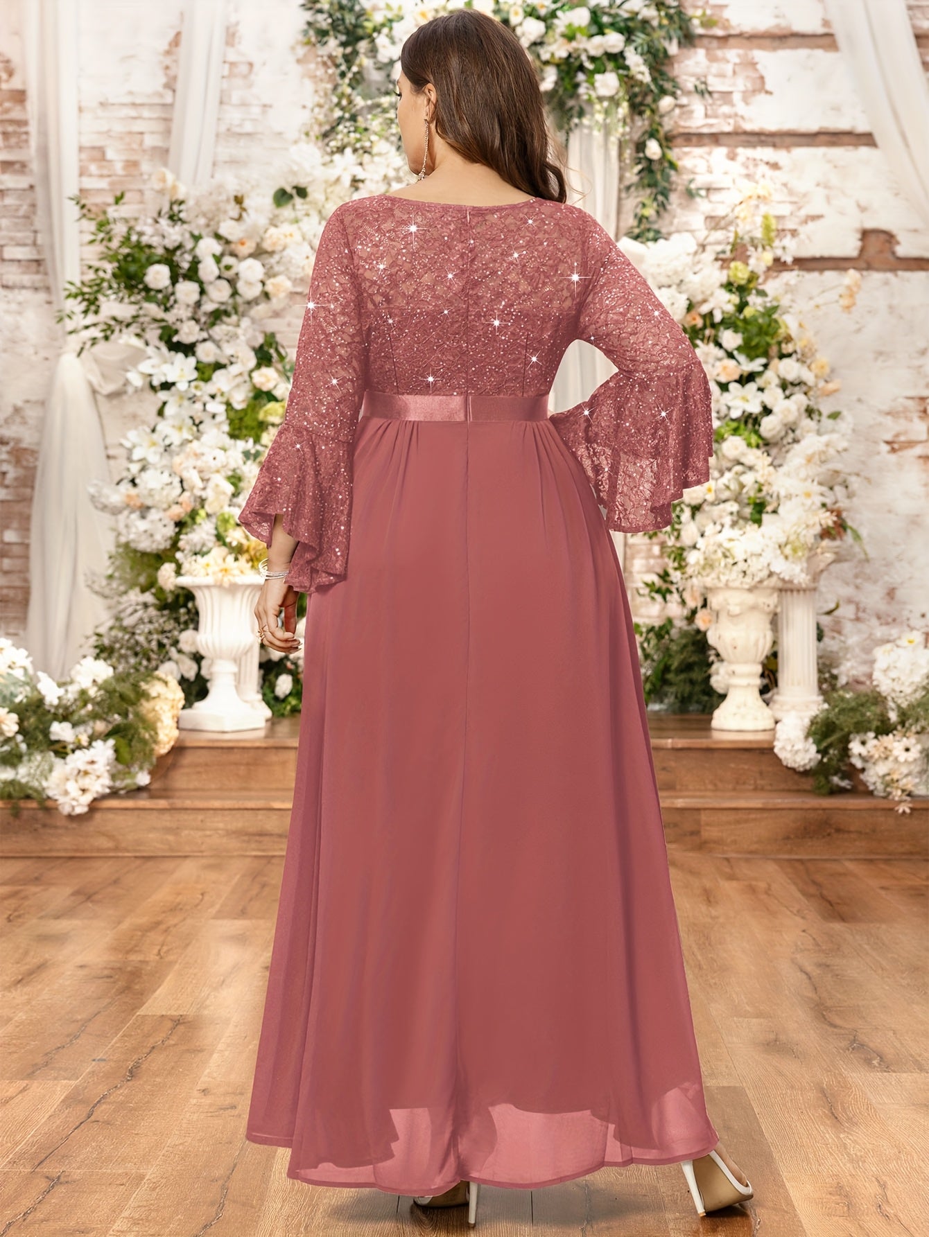 Plus Size Women's Sequin Long Dress Crew Neck Three Quarter Sleeve Evening Party