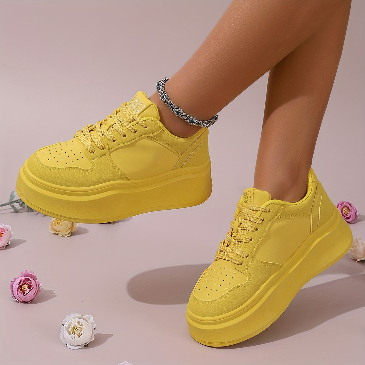 Women's Pink Chunky Sneakers All-Season Lace-Up Casual Sports Shoes