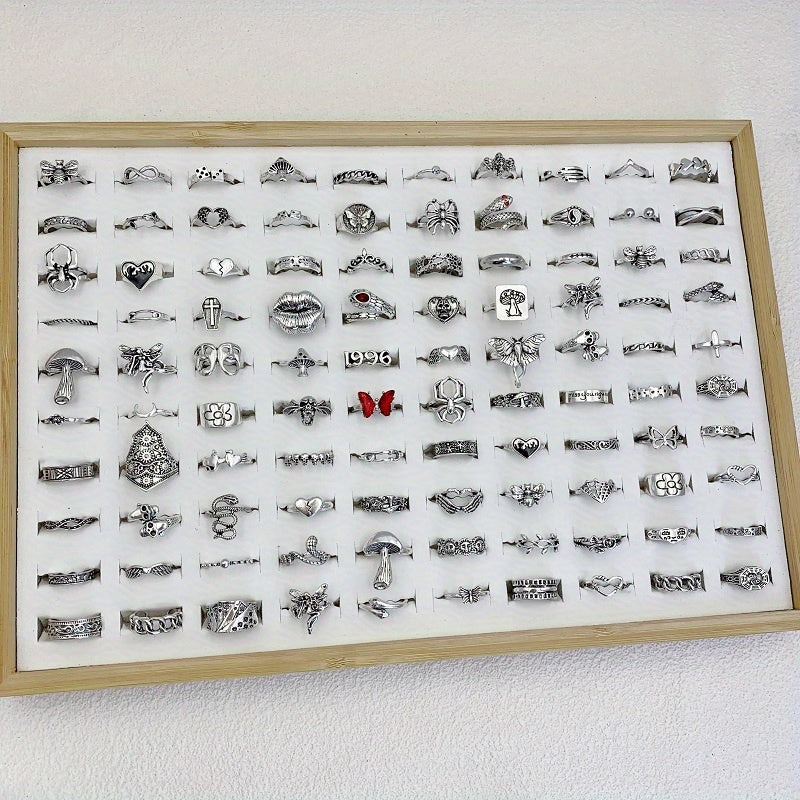 Antik Kumush Qotishma Halqalar Retro Punk Gotik Dizaynlar bilan - 30/50/100 Dona to'plami, Qushlar, Qasrlar va Ilonlar bilan - Erkaklar va Ayollar uchun Hip Hop Partiyalarida Mukammal Zargarlik Sovg'asi