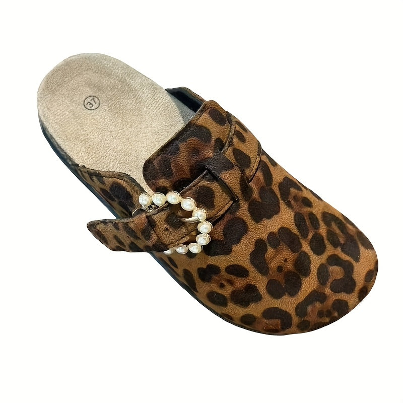Women's Mules Leather Leopard Print Casual Shoes Outdoor Comfortable