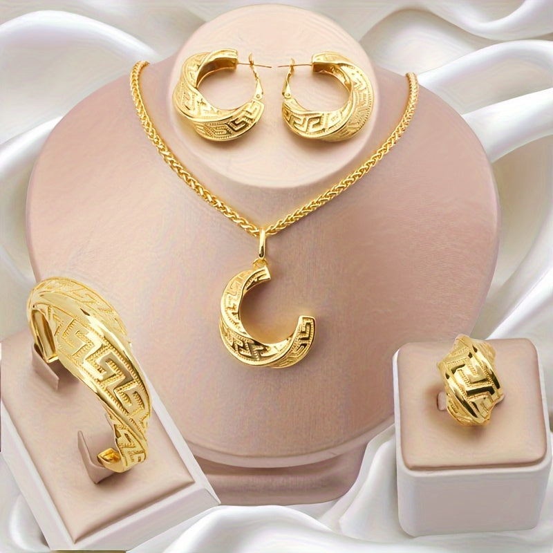 5-Piece Jewelry Set Gold Plated Copper Necklace Earrings Ring for Weddings and Parties