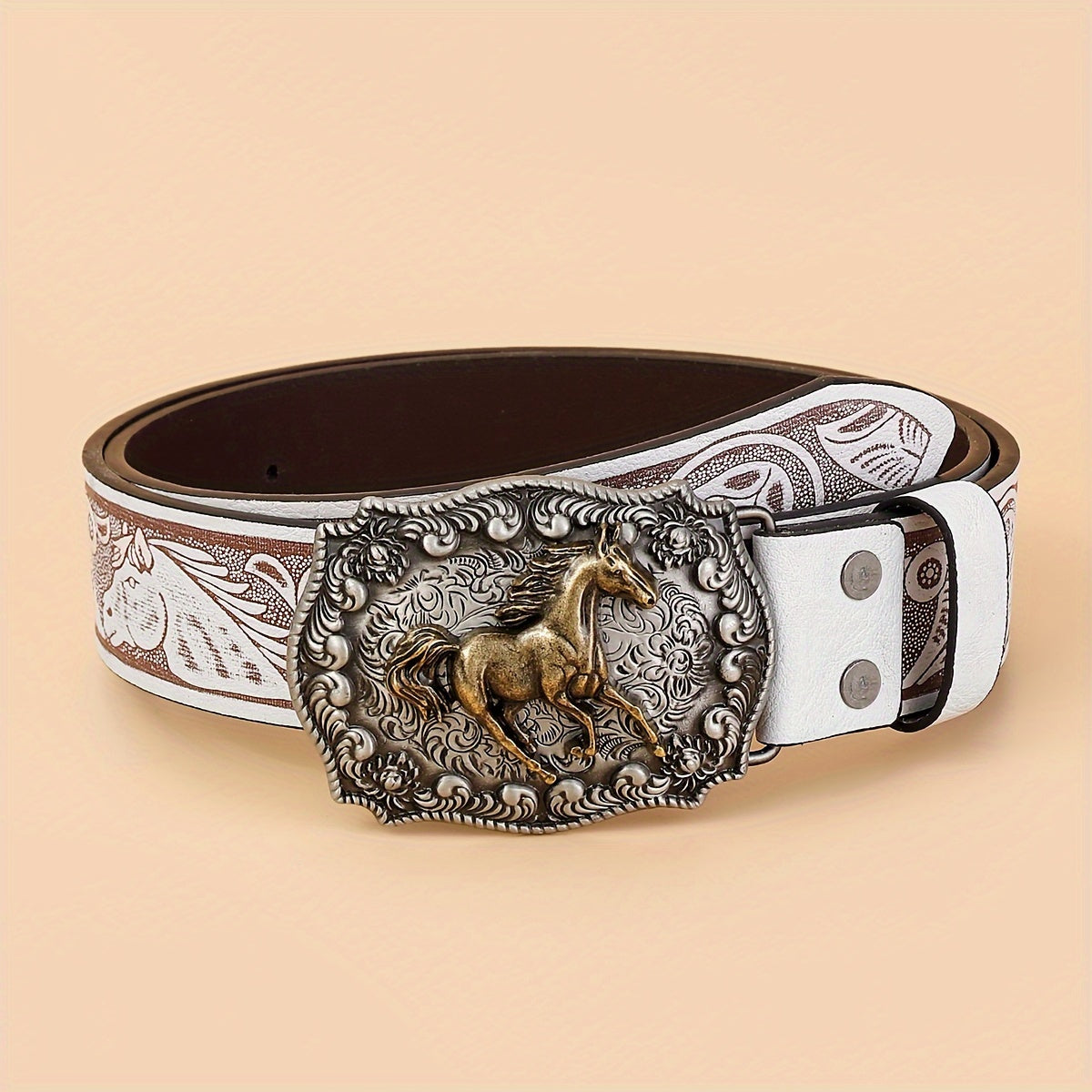 Western-Style Leather Belts for Men and Women Carved Buckle Embossed Solid Colors