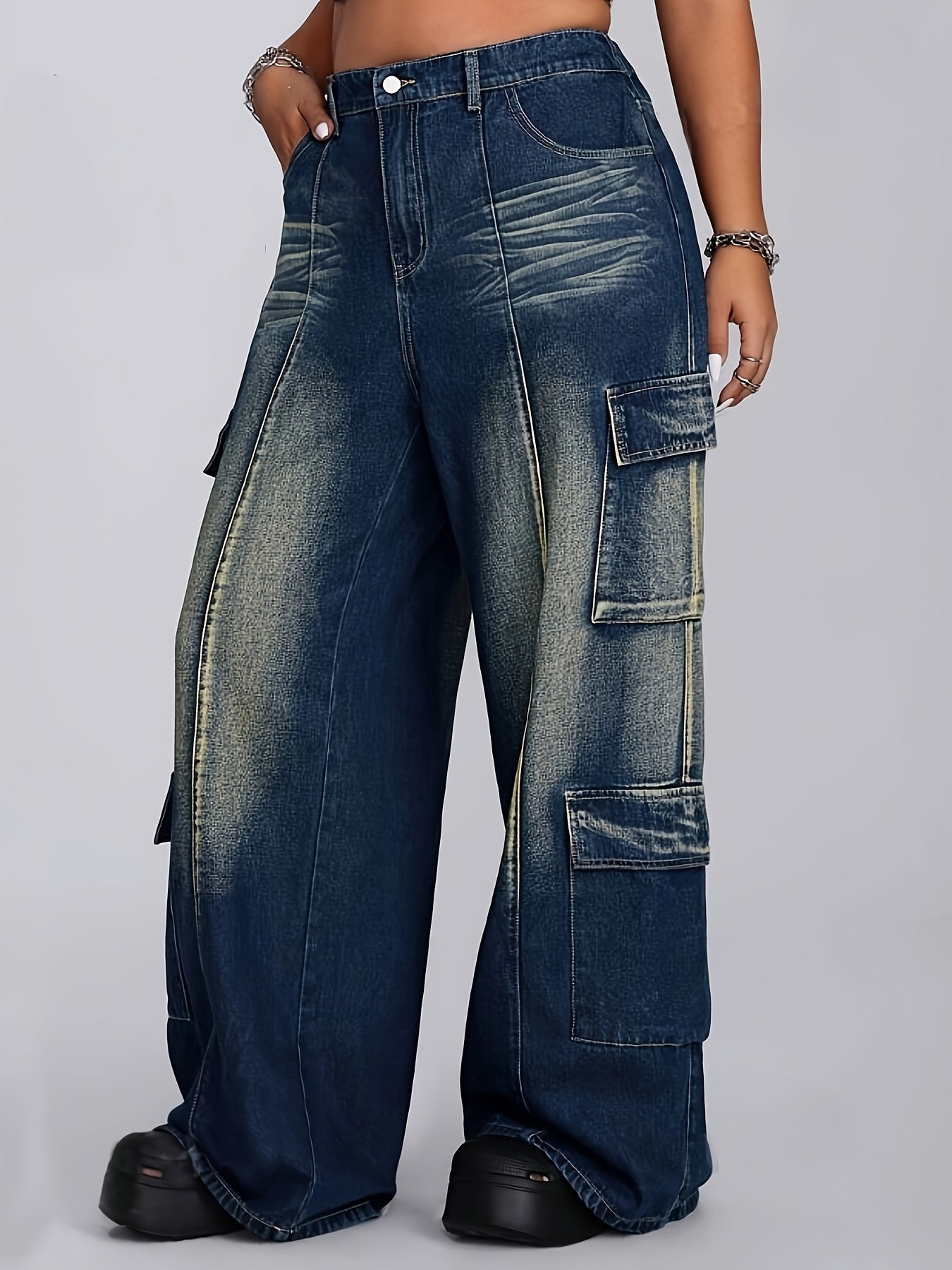 Plus Size Cargo Jeans Relaxed Fit Wide-Leg Denim Pants Casual All-Season