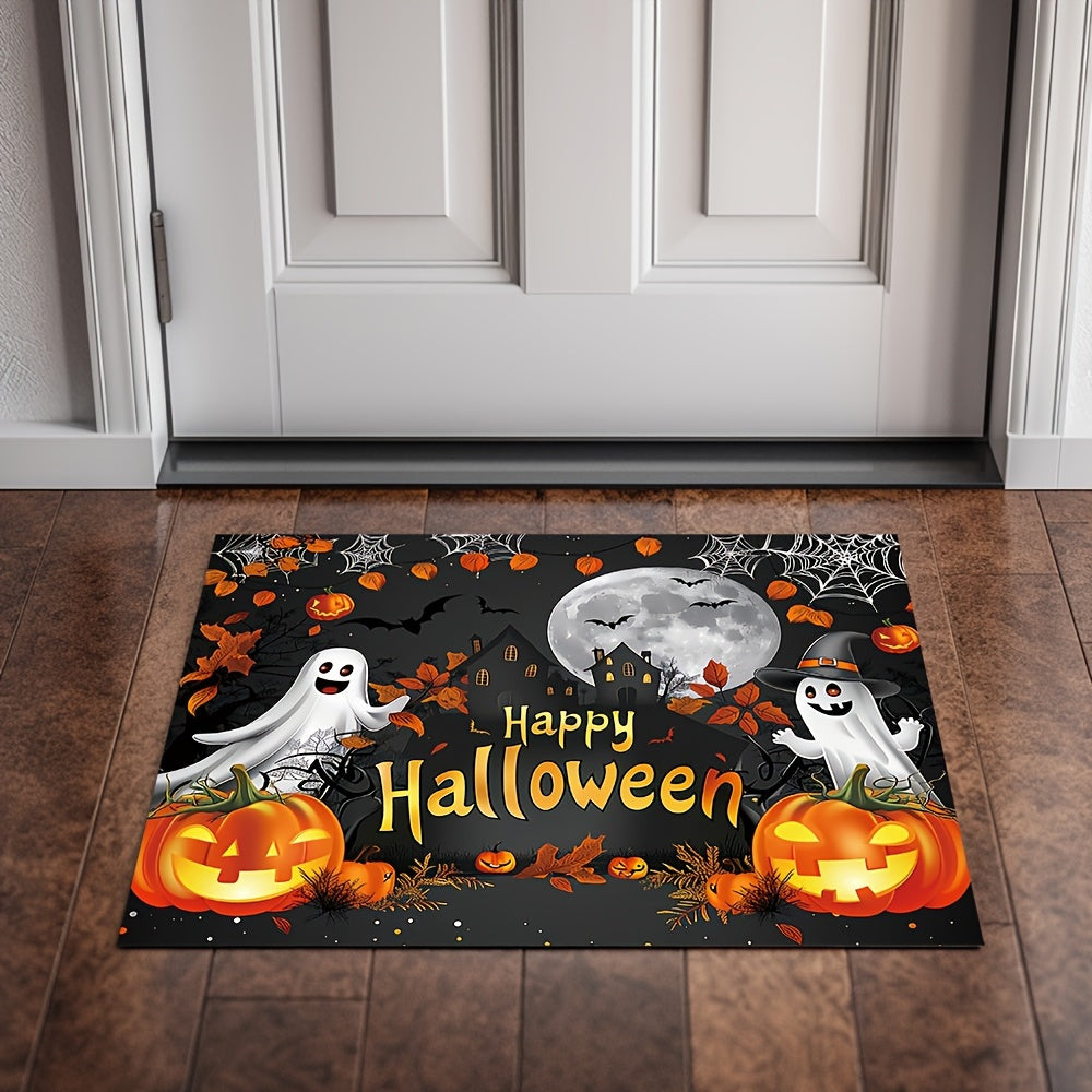 Halloween Doormat with Ghosts Pumpkins and Leaves Non-Slip Machine Washable Outdoor Decor