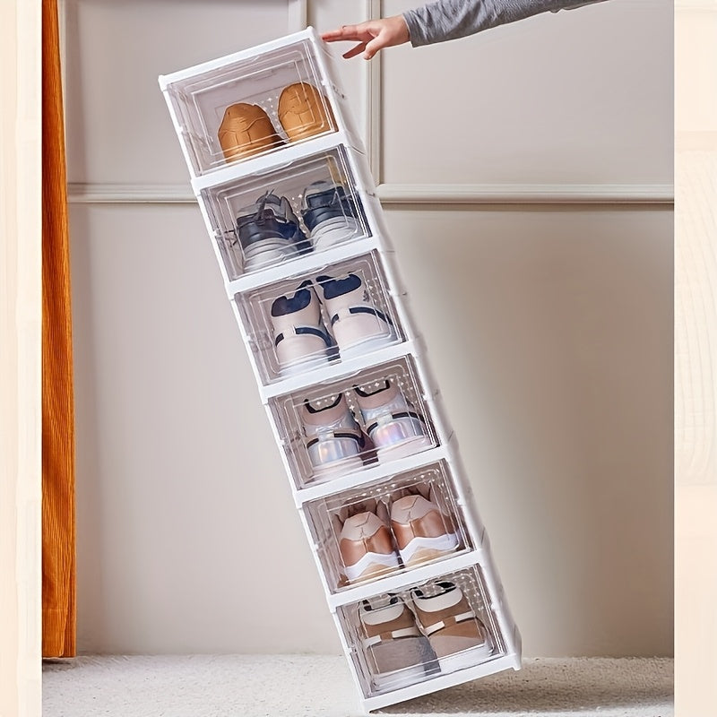 Contemporary 6-Layer Collapsible Shoe Rack with Plastic Storage Bins Dustproof Stackable Free-Standing