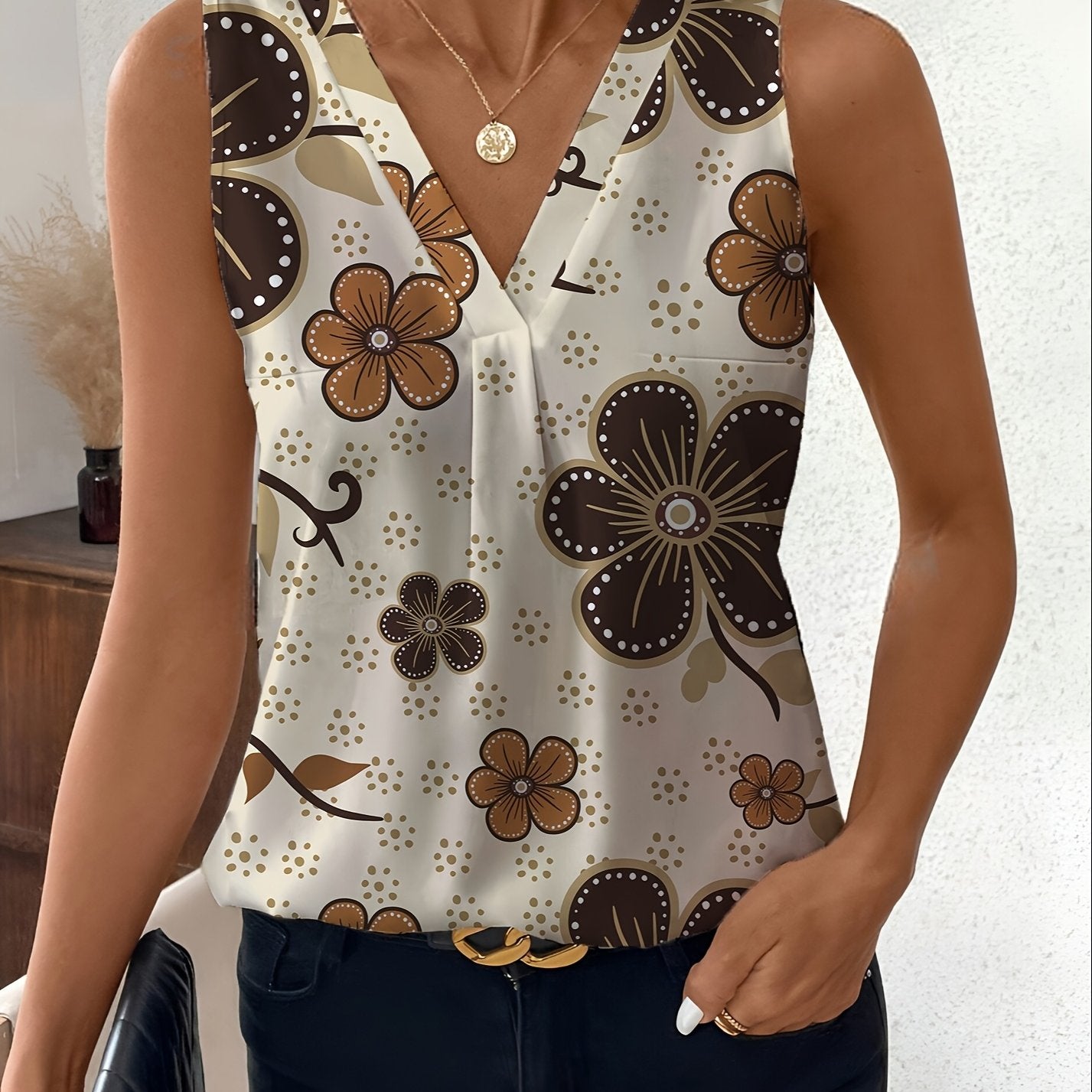 Plus Size Women’s Sleeveless Tank Top Floral Print V-Neck Summer Casual