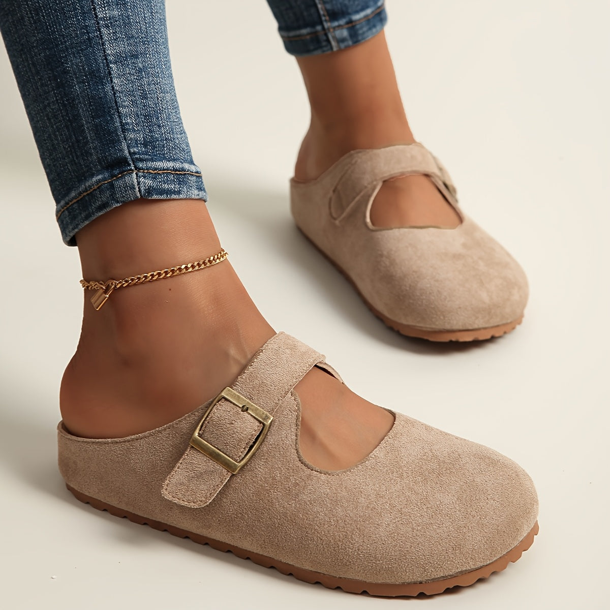 Women’s Slip-On Mules with Thick Sole Soft Fabric Beige Brown Casual Footwear