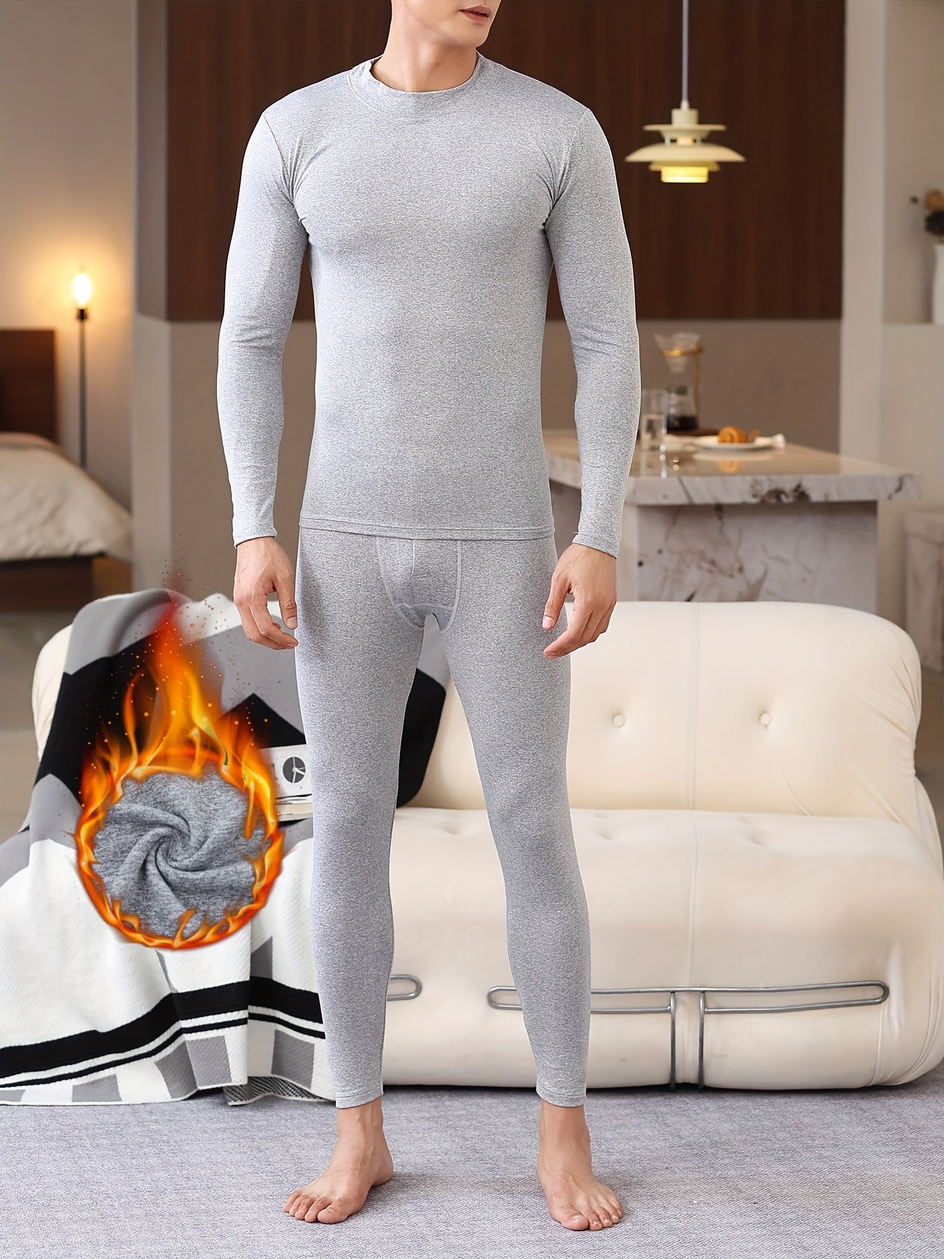 Erkaklar uchun qulay to'quv va velur ichki kiyim to'plami, o'rtacha va kichik yelkalari, uzun yenglari va shimlari bilan, kuz va qish uchun ideal.