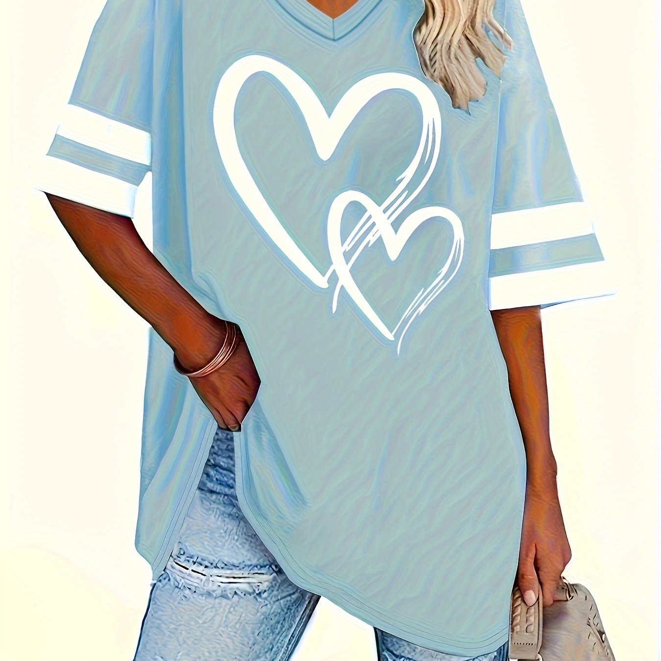 Plus Size Heart Print T-Shirt Casual Short Sleeve V Neck Top for Summer