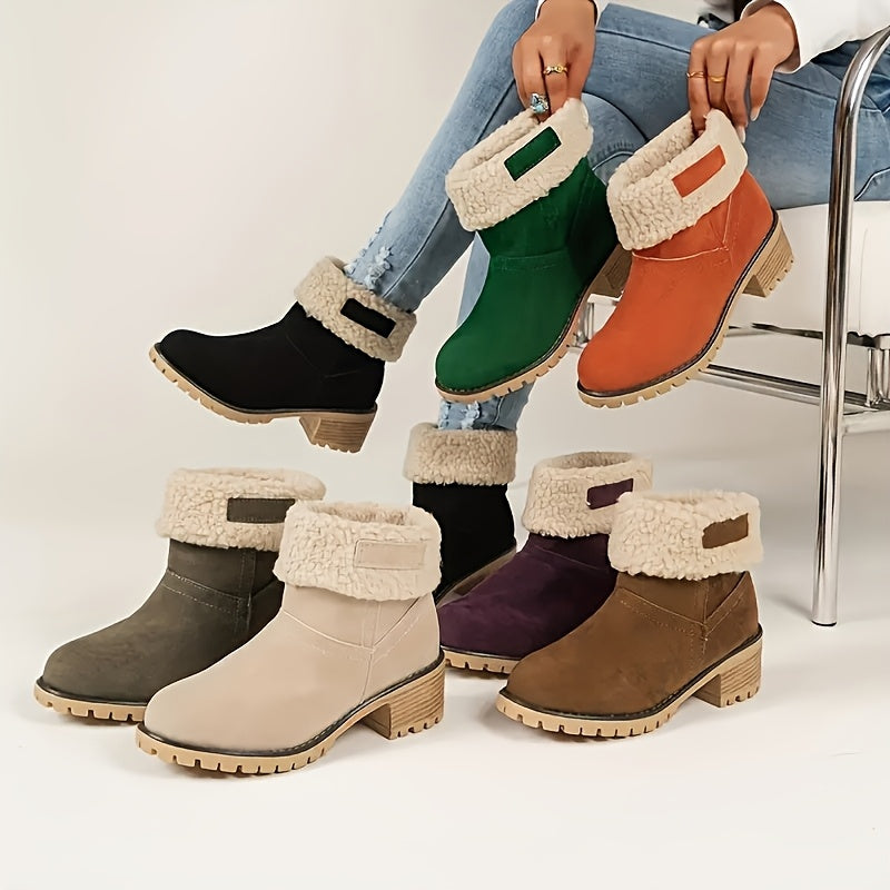 Women's Slip-On Casual Ankle Boots Nude Chunky Heeled Winter Warm Short Boots