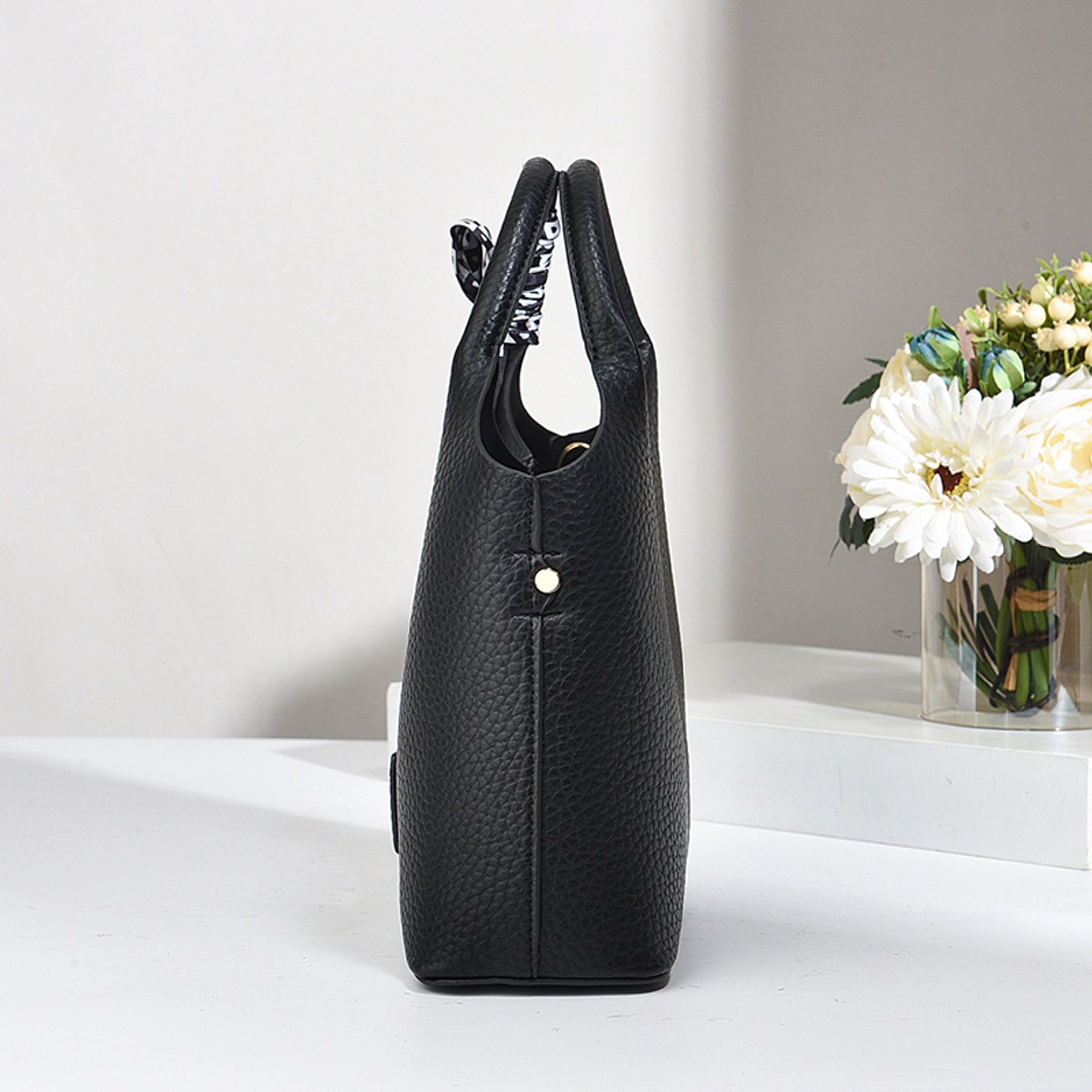 Vintage Bucket Bag with Scarf Large Capacity Crossbody Zipper Closure Adjustable Strap